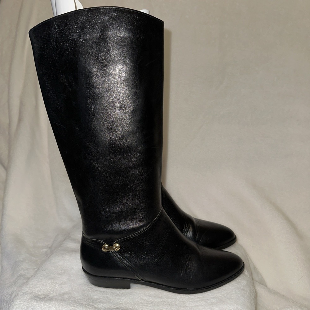 Etienne Aigner Black Leather Knee-High Riding Boots with Gold Accent